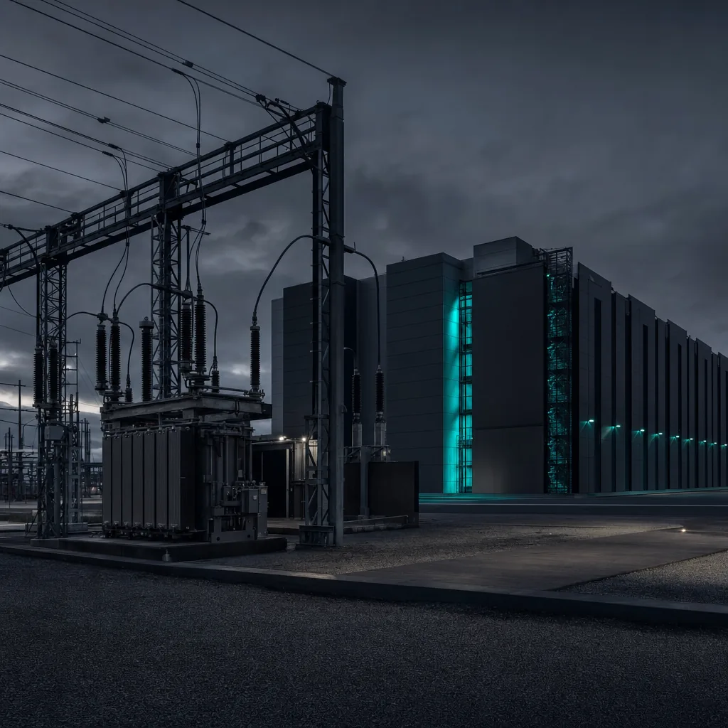 Substation beside a data center campus at dusk