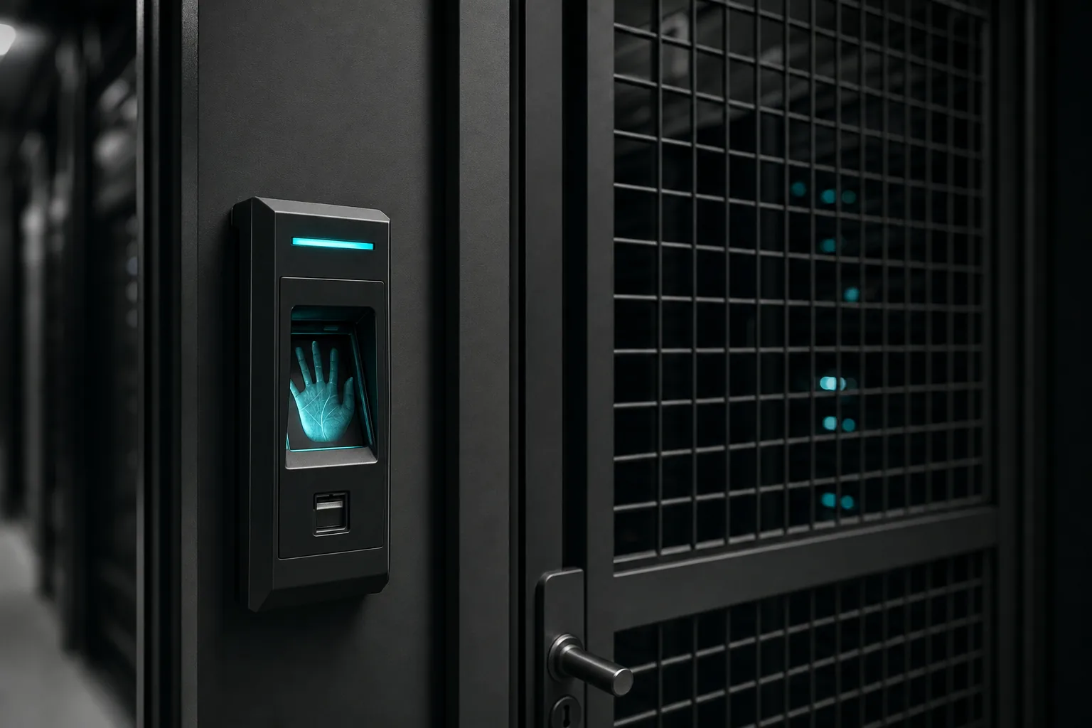 Cage door with a biometric access reader